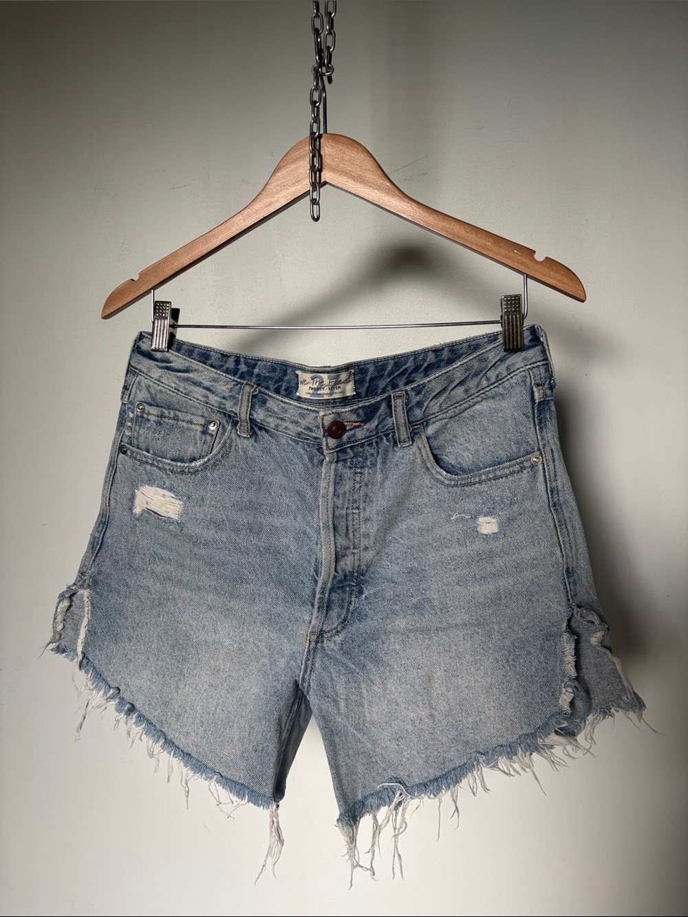 Free People We The Free Light Blue Distressed Denim Cutoff Shorts Drop Waist